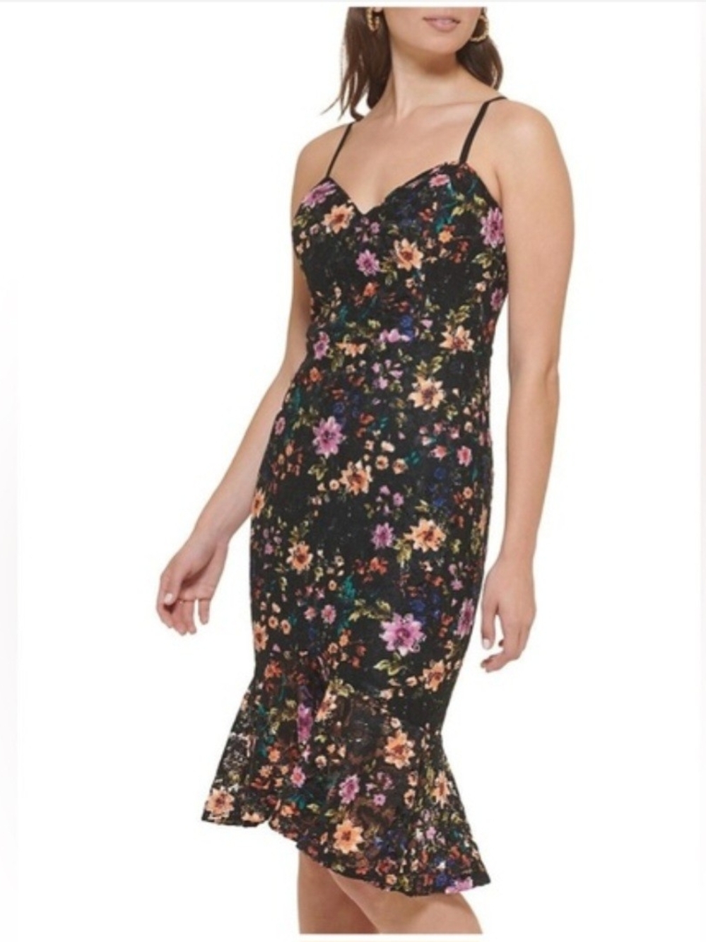 Guess Black Floral Midi Dress with Lace Trim